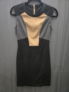 Colorblock Sleeveless Sheath Dress - Black, Gray & Camel